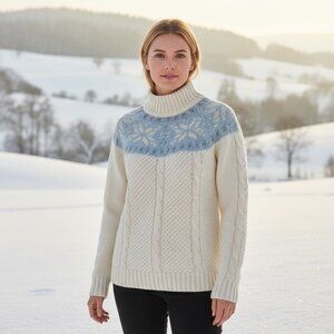 Ivory & Blue Fair Isle Cable Knit Turtleneck Sweater Size M Liz Claiborne